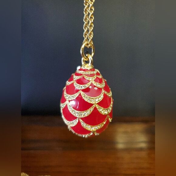 Neiman Marcus CINER Red Rhinestone Egg Pendant Necklace 38" - Picture 1 of 12